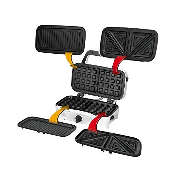 MPM MOP-33M Sandwichs 3 en 1, Plaques Interchangeables, Appareil à Croque Monsieur, Gaufrier Belge, Grill pour Viande et Pois