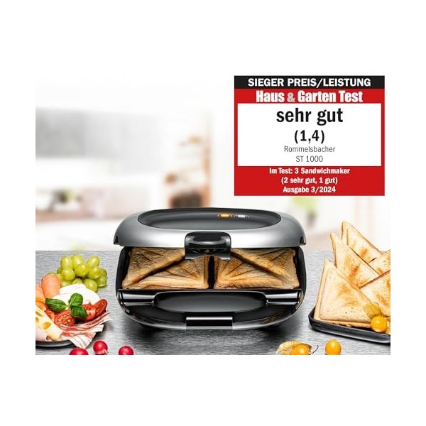 ROMMELSBACHER Appareil à croque-monsieur ST 1000 – Plaques de cuisson extra profondes, pour 2 sandwichs American XL, revêteme