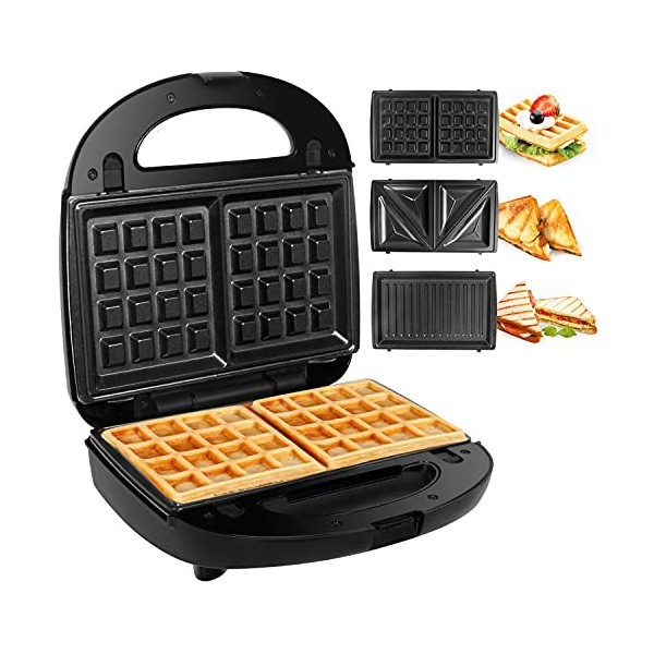 Gotoll Appareil à Croques Monsieur Gaufrier 3 en 1 Machine à Sandwich Maker Gauffre Presse Toaster Pain Plaques Remplaçables 
