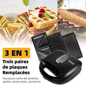 Gotoll Appareil à Croques Monsieur Gaufrier 3 en 1 Machine à Sandwich Maker Gauffre Presse Toaster Pain Plaques Remplaçables 