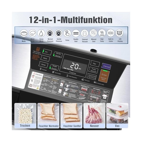OidoZac Machine à emballer sous vide 85 kPa pour aliments, 12 en 1, avec poignée Easy-Lock, double soudure, coupe-papier inté