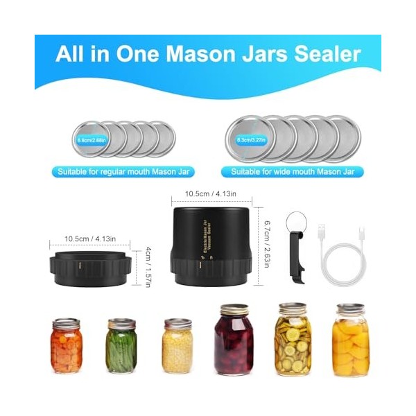 Euakee Kit de Scelleuse Sous Vide électrique pour Bocaux Mason, Scelleuse Sous Vide pour Bocaux Mason à Bouche Large et Régul