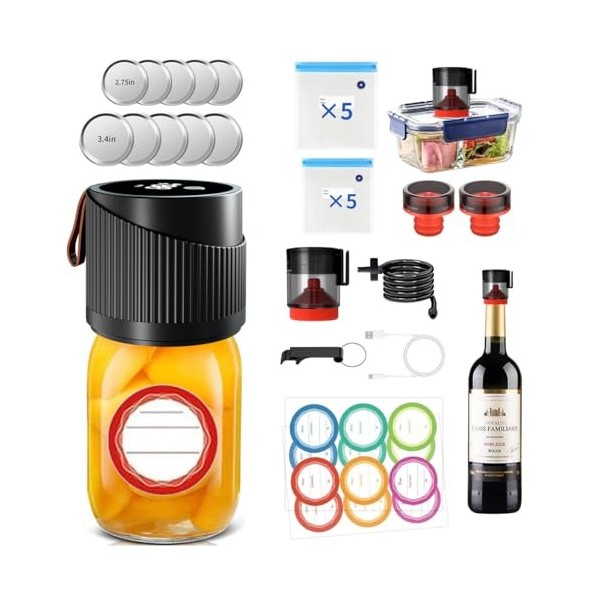 Kit de scellage sous vide électrique Mason Jar 4 en 1 pour bocaux Mason à ouverture large et régulière, scellant sous vide à 