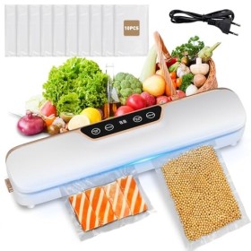 Machine Sous Vide Alimentaire，65KPA Sous Videuse Alimentaire 4-en-1 Pour le Mode Sec/Moist, 10 Sacs Sous Vide Inclus（Blanc）