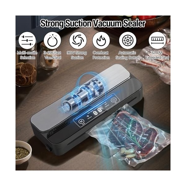 Bindokun Machine Aous Vide Alimentaire Appareils de Mise Sous Vide Automatique 32 cm Avec Cutter Intégré, Rangement des Sacs,