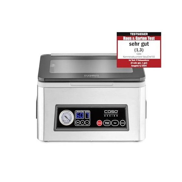 CASO VacuChef 50 1416 Machine à emballer sous vide en acier inoxydable, 70 l/min, 4 volumes de chambre, double soudure 2 mm 