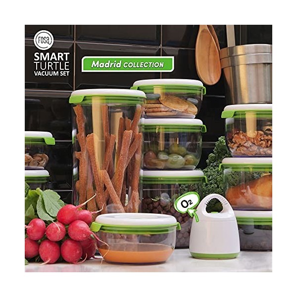 FOSA Kit de Démarrage Prime 2-en-1, Série Madrid : Pompe sous-Vide Turtle et Assortiment de 10 récipients Ronds