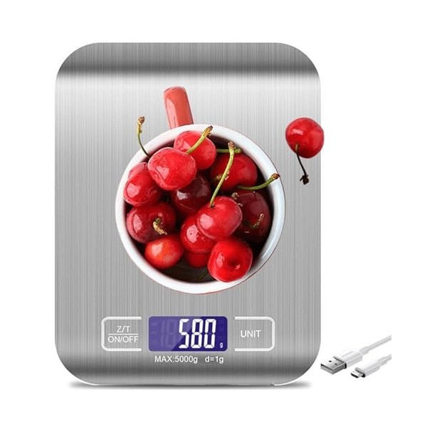 BAIFULAI Balance de cuisine numérique - 10 kg/1 g - Rechargeable par USB - Avec écran LED et fonction tare - Balance alimenta