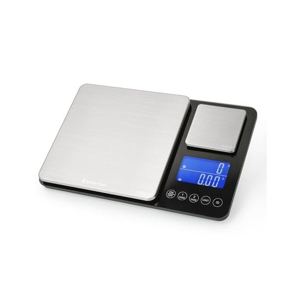 KitchenTour Balance de cuisine numérique à double plateforme avec fonction poids total – 500 g/0,01 g et 15 kg/1 g – Précisio