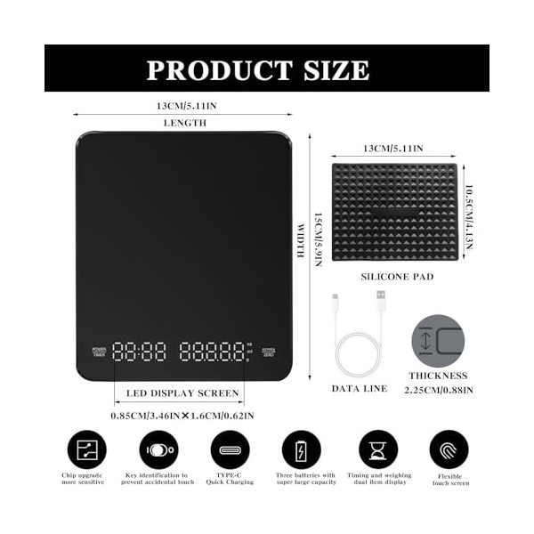 Balance à café numérique portable avec minuterie, 3 kg/0,1 g, rechargeable de haute précision, mini balance barista, accessoi