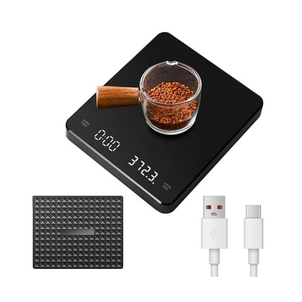 OBEST Balance à café avec minuterie, 3 kg/0,1 g, balance électronique multifonction, balance de cuisine numérique, rechargeab