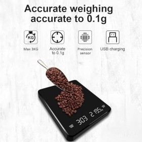 OBEST Balance à café avec minuterie, 3 kg/0,1 g, balance électronique multifonction, balance de cuisine numérique, rechargeab
