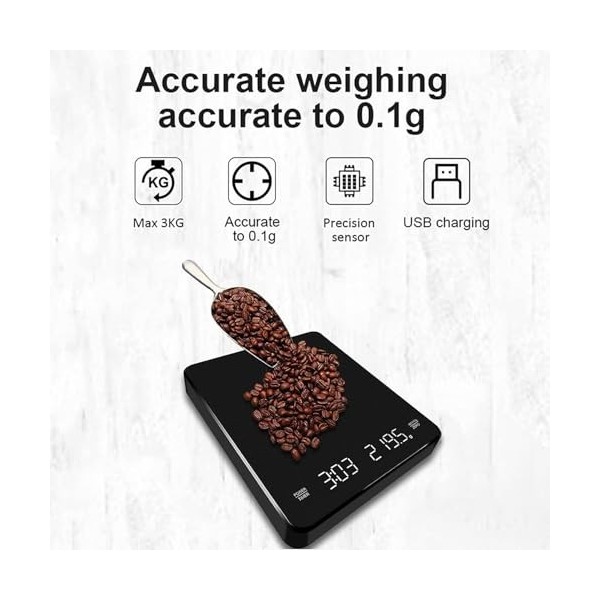 OBEST Balance à café avec minuterie, 3 kg/0,1 g, balance électronique multifonction, balance de cuisine numérique, rechargeab