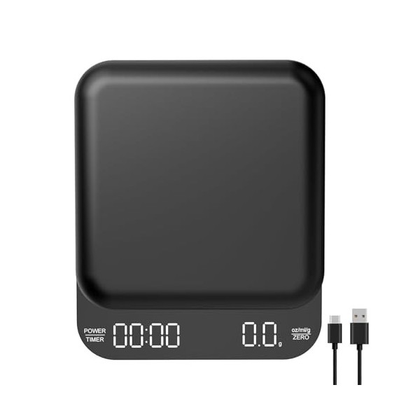 OBEST Mini balance à café numérique avec minuterie, rechargeable, 3 kg/0,1 g, haute précision, avec écran LED, bouton tactile
