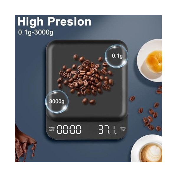 OBEST Mini balance à café numérique avec minuterie, rechargeable, 3 kg/0,1 g, haute précision, avec écran LED, bouton tactile