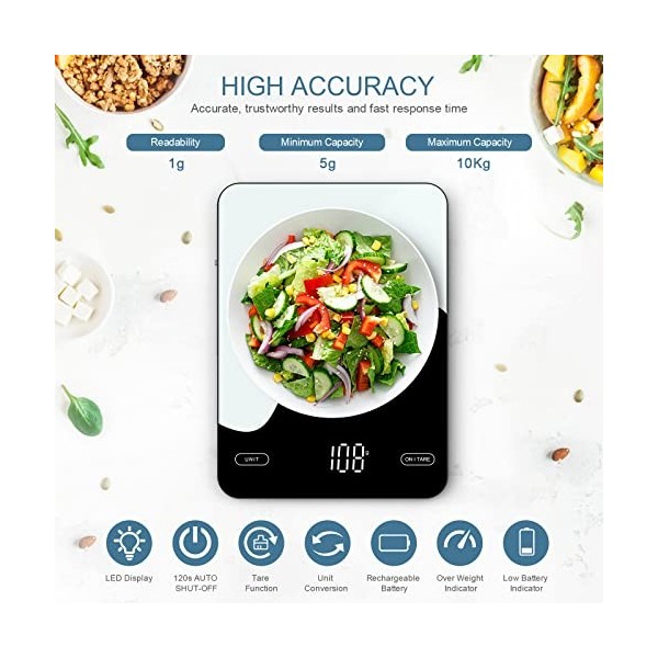 Ankilo Balance alimentaire numérique rechargeable, 10 kg, balance de cuisine intelligente pour perte de poids, balance intell