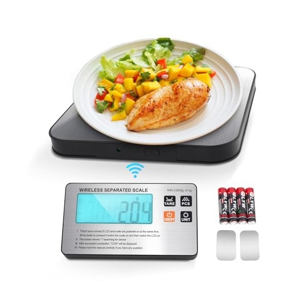 SHGUMITE Balance alimentaire numérique avec écran LCD sans fil, 15 kg, balance de cuisson avec 7 modes de pesée, haute précis