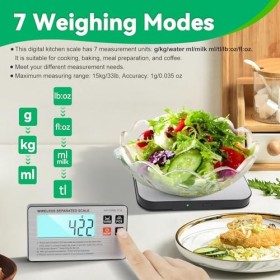 SHGUMITE Balance alimentaire numérique avec écran LCD sans fil, 15 kg, balance de cuisson avec 7 modes de pesée, haute précis