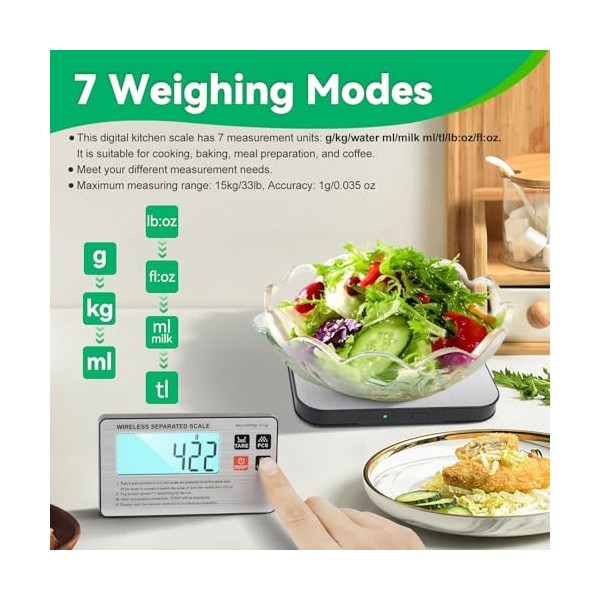 SHGUMITE Balance alimentaire numérique avec écran LCD sans fil, 15 kg, balance de cuisson avec 7 modes de pesée, haute précis
