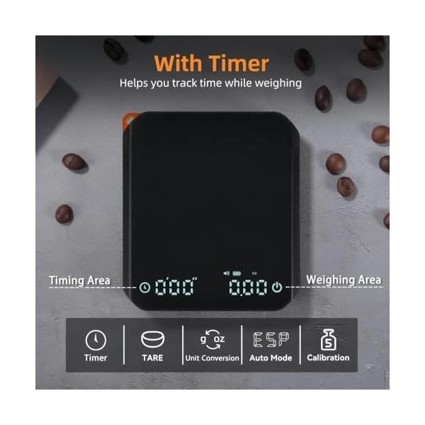 Balance à café numérique avec minuteur, 2 kg/0,1 g, haute précision, rechargeable, mini balance à café avec 3 modes pour expr