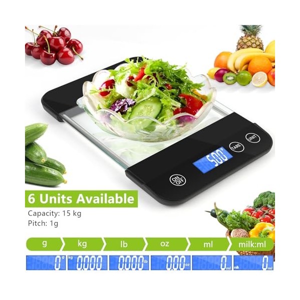 Apritsce Balance de Cuisine, 15 KG Pese Aliment Cuisine avec Écran LCD Incliné et Fonction Tare, Haute Précision 1g Balance A