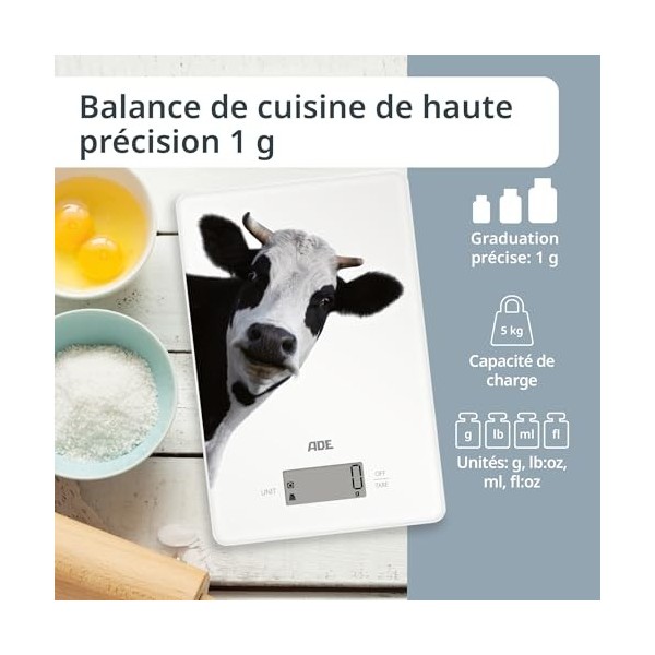 ADE Balance de cuisine digitale | balance précise jusquà 5 kg | grand écran | piles AAA incluses | très plate | avec anneau 