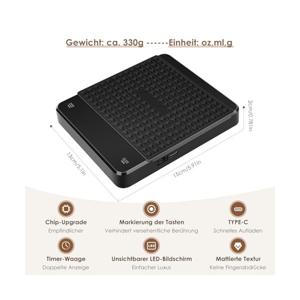 Balance de cuisine numérique avec minuteur 0,1 g - Balance de cuisine électronique de haute précision - Rechargeable - Avec é