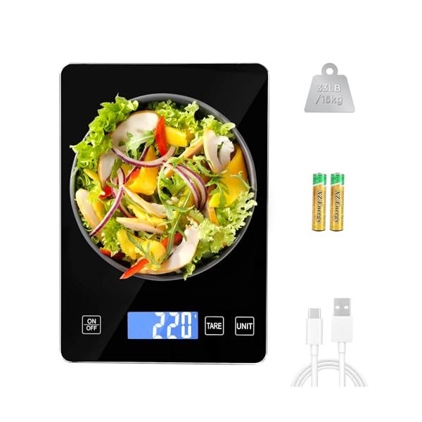 Howeifull Balance de cuisine numérique USB C, 15 kg Haute précision 1 g Avec grande surface de pesée, 5 unités, Écran LCD - N