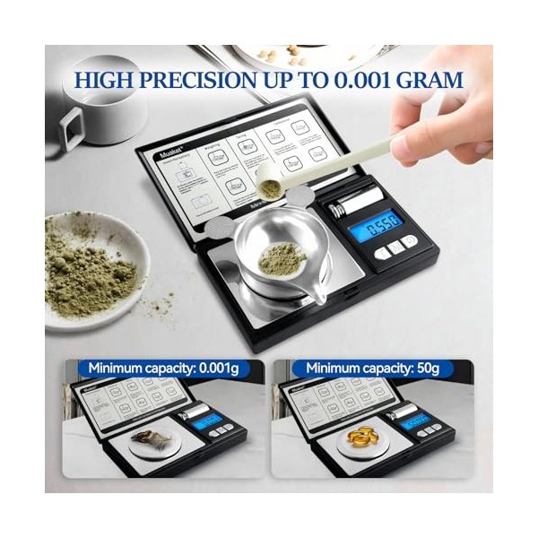 Muaket 0,001g x 50g Balance de Precision, Mini Balance Milligrammes avec Poids Détalonnage, Balance de Poche pour Peser les