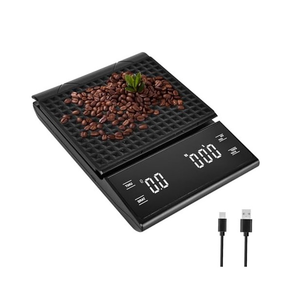 GOEDCH Balance à café numérique avec minuterie : balance à café numérique rechargeable par USB, 3 kg/0,1 g, balance de cuisin