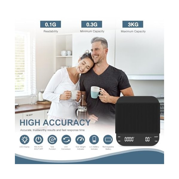 Ankilo Balance à café, 3 kg/0,1 g, balance à café numérique de cuisine avec minuteur, capteur de haute précision, rechargeabl