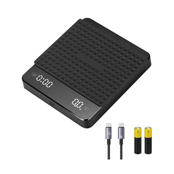 HLMNAKE Balance à café numérique avec minuterie, 0,1 g/3 kg, mode automatique et manuel, charge USB-C avec 2 piles rechargeab