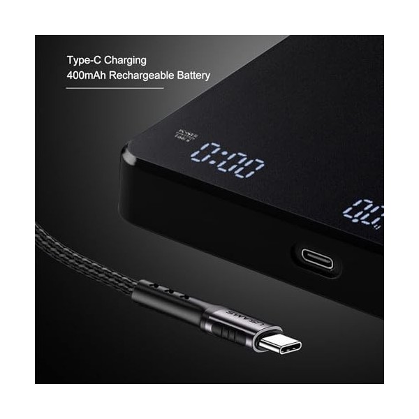 HLMNAKE Balance à café numérique avec minuterie, 0,1 g/3 kg, mode automatique et manuel, charge USB-C avec 2 piles rechargeab