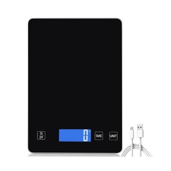 Balance de cuisine numérique - 15 kg/1 g - Rechargeable par USB - Avec écran LED et fonction tare - Avec fond en verre trempé