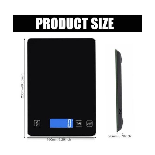 Balance de cuisine numérique - 15 kg/1 g - Rechargeable par USB - Avec écran LED et fonction tare - Avec fond en verre trempé