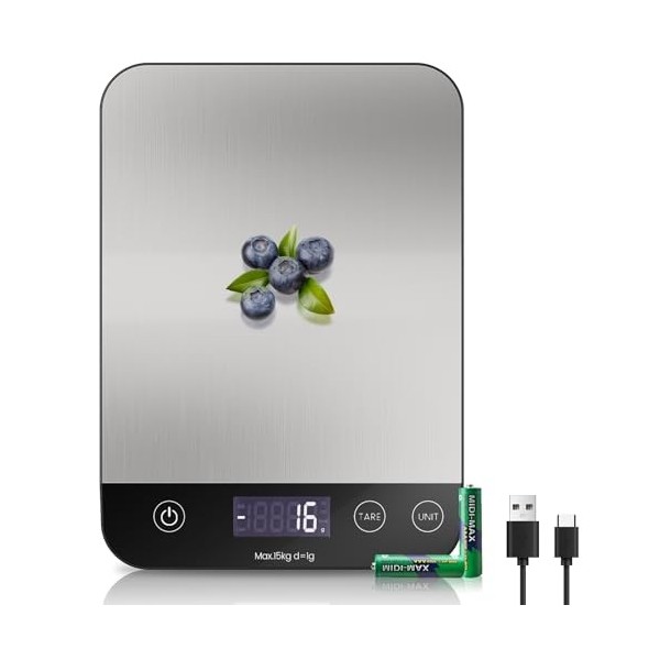Balance de cuisine numérique, électronique, avec fonction tare - Haute précision - 1 g - Facile à nettoyer - Piles incluses