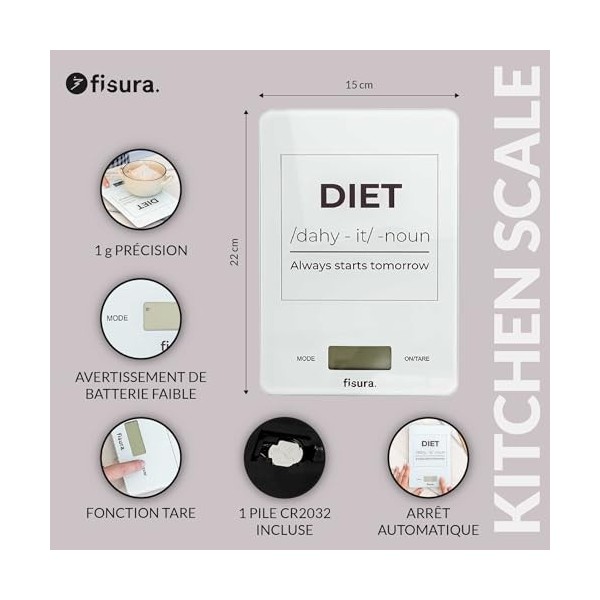 Fisura - Balance de cuisine numérique "diet" blanche. Balance électronique originale de 5 kg/11 lbs. Balance alimentaire mult