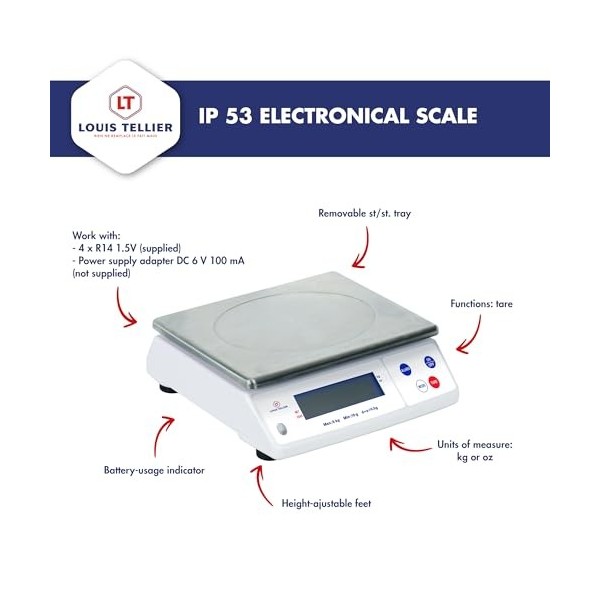 Balance électronique professionnelle - 12kg - IP53 - précison 1g - plateau amovible inox 29,8 x 23,6 cm