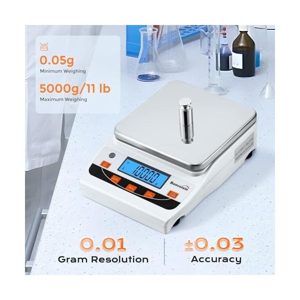 Bonvoisin Balance de laboratoire 5000g x 0,01g Balance de laboratoire précision scientifique précision 0,01 gramme Balance d