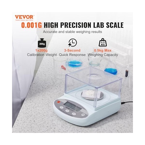 VEVOR Balance Analytique Numérique 500 g x 0,001 g, Balance de Laboratoire de Haute Précision avec 13 Unités de Conversion, B