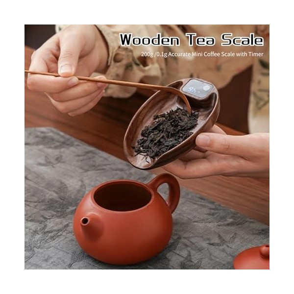 Mini Balance à café avec Minuterie, Balance à thé en Bois Précise 200g/0,1g, Balance de Cuisine Rechargeable de Haute Précisi