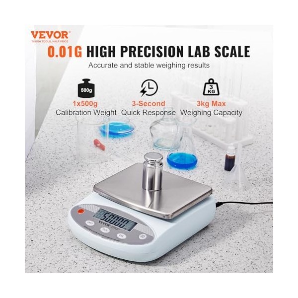 VEVOR Balance Analytique Numérique 3000 g x 0,01 g, Balance de Laboratoire de Haute Précision avec 13 Unités de Conversion, B