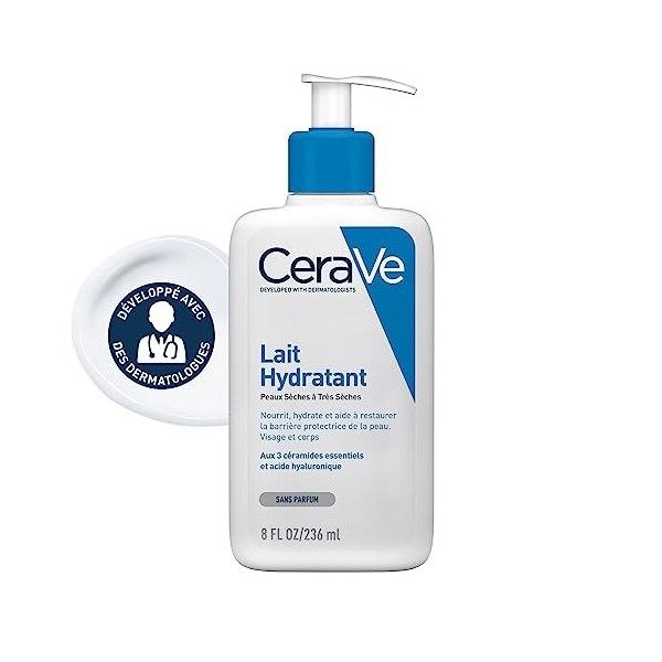 CeraVe Lait Crème Hydratante pour Corps & Visage 24h Nourrissante à lAcide Hyaluronique pour Peaux Sèches à Très Sèches, 236