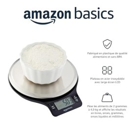 Amazon Basics Balance de cuisine numérique, sans bisphénol A, en acier inoxydable avec affichage LCD piles fournies , Noir