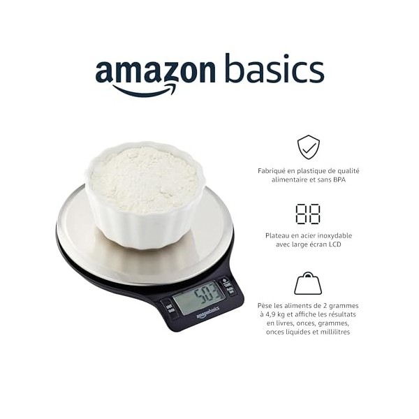 Amazon Basics Balance de cuisine numérique, sans bisphénol A, en acier inoxydable avec affichage LCD piles fournies , Noir