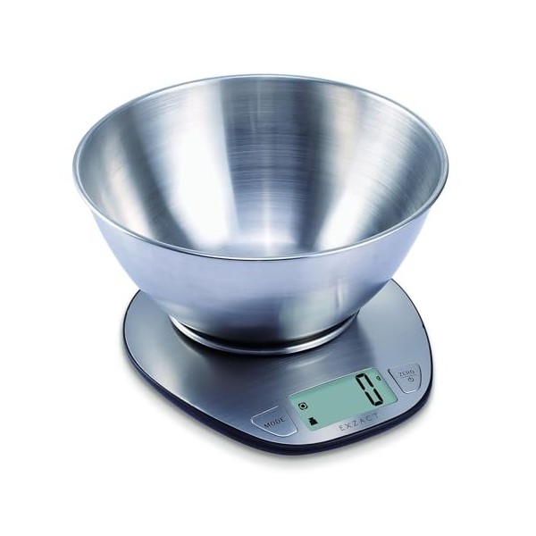 EXZACT Balance de Cuisine Électronique Multifonctionnelle Précise avec Grand Écran Numérique et Bol à Mélanger en Inox - Max 