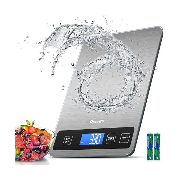 Drcowu Balance de cuisine numérique 15 kg pour la préparation des repas, Pèse alimentaire électronique en Acier inoxydable av