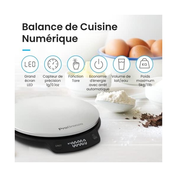 Pro Breeze Balance de Cuisine Numérique Ronde en acier inoxydable, Cuisine et pâtisserie, Mesure haute précision Aliments & L