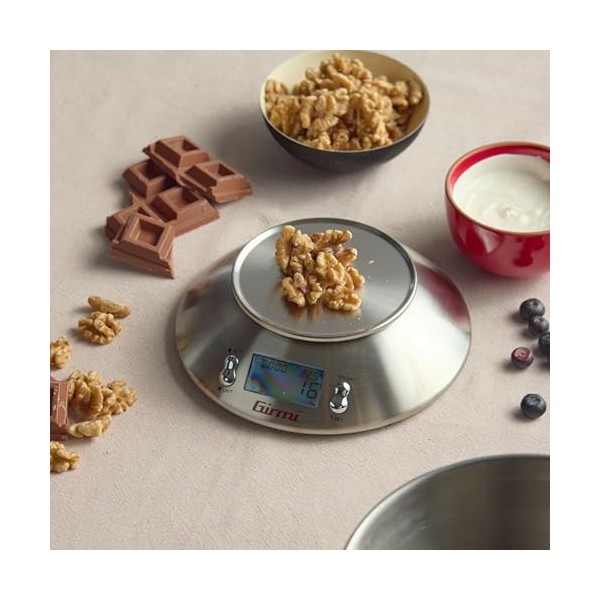 Girmi PS85 Échelle de Poids Électronique de Cuisine, 1 g - 5 kg, Température Environnement, Tare, Minuteur, Acier INOX