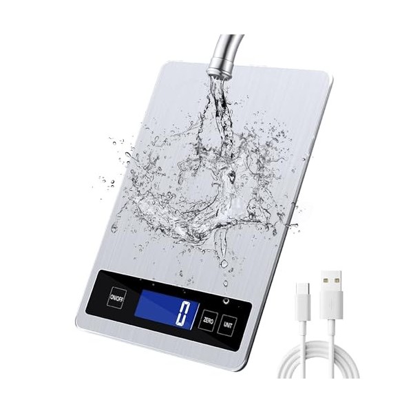 Balance de cuisine numérique 15 kg avec écran LCD + acier inoxydable + verre trempé - Précision jusquà 1 g - g/kg/lb:oz/ml/f